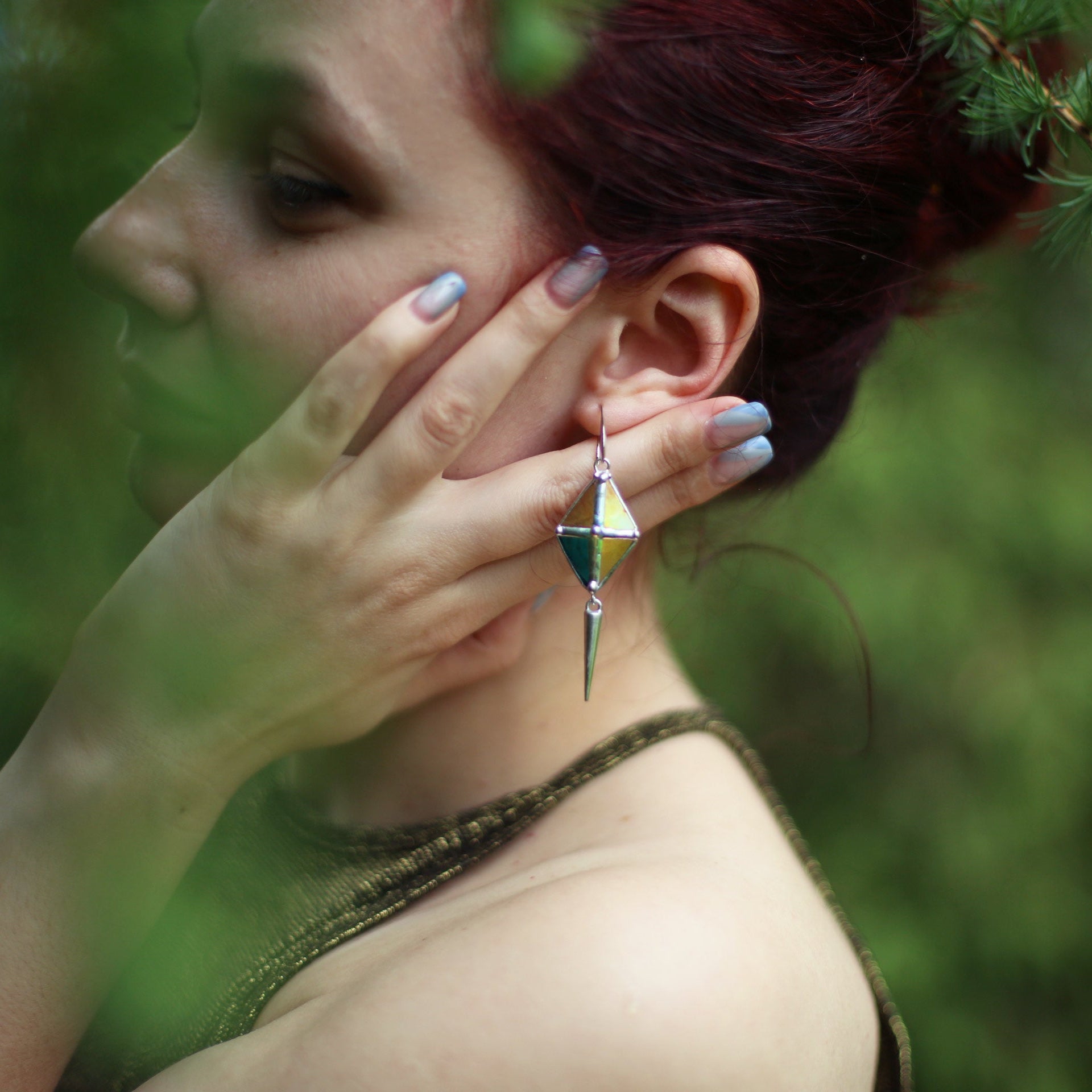 Long Spike Rhombus earrings, Stained glass earrings