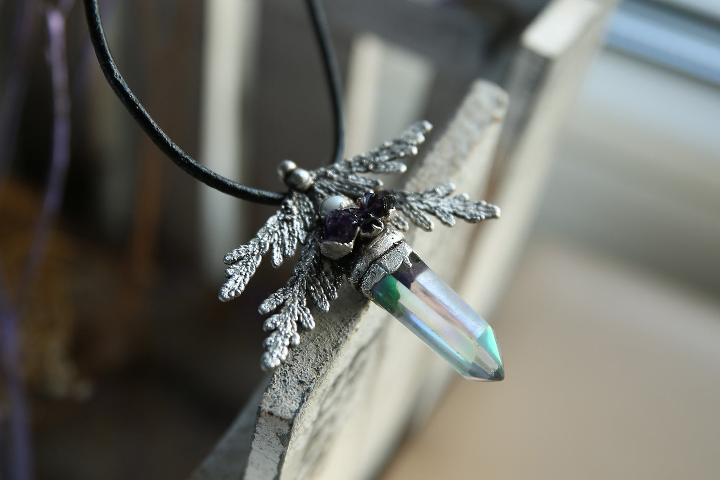 Angel aura silver necklace, 999 fine silver crystal pendant