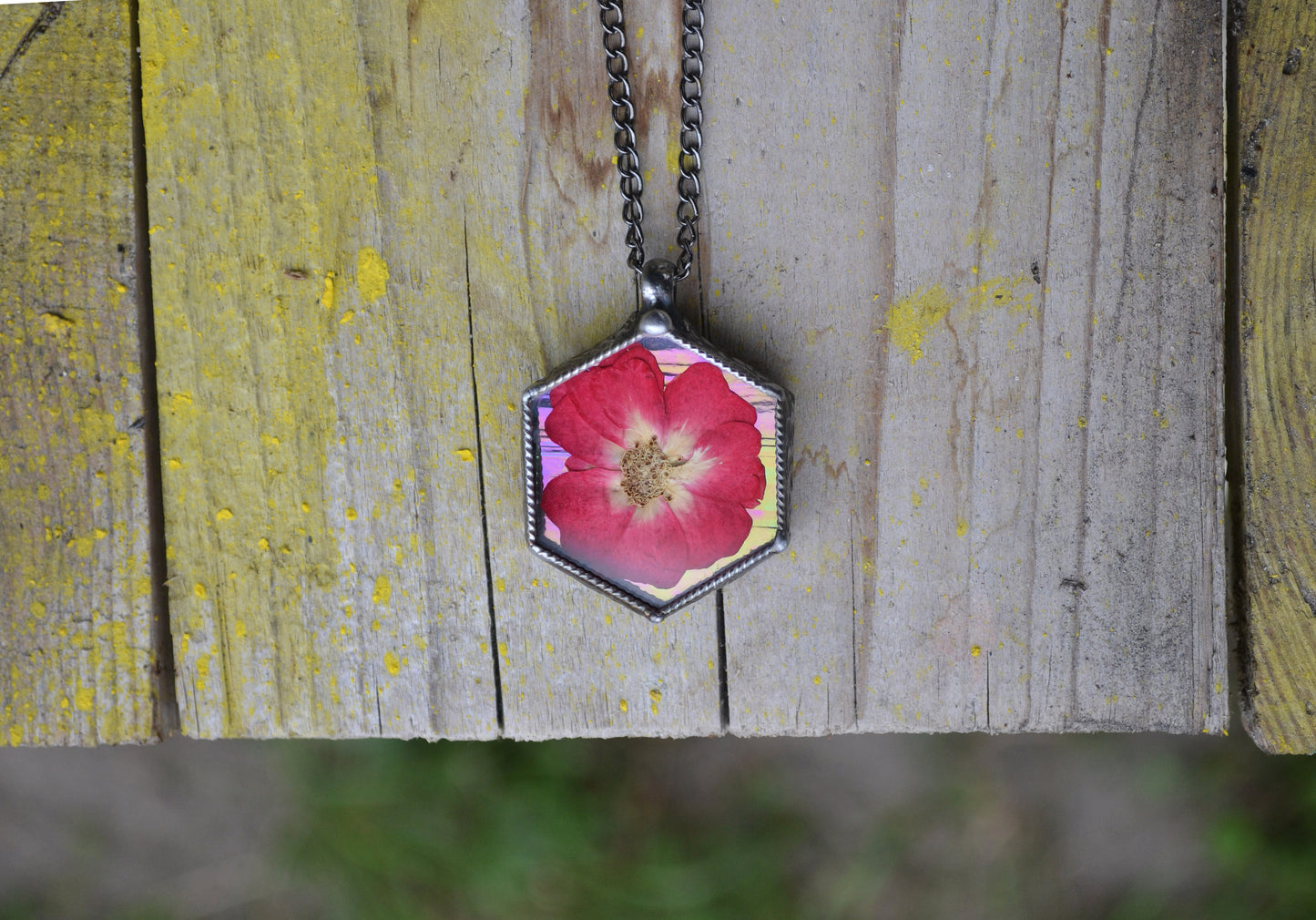 Preserved rose Necklace, Hexagon pendant