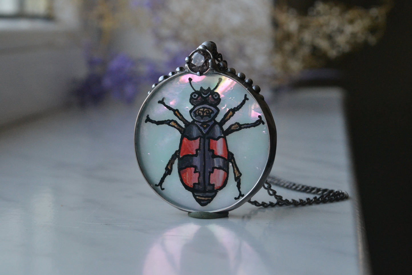 Hand painted glass pendant, Beetle necklace