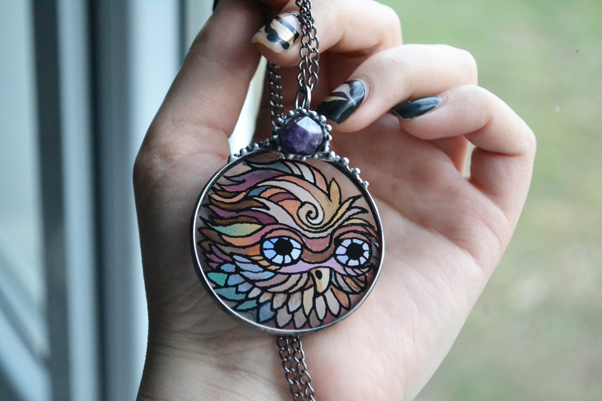 Stained glass bird necklace, Owl pendant