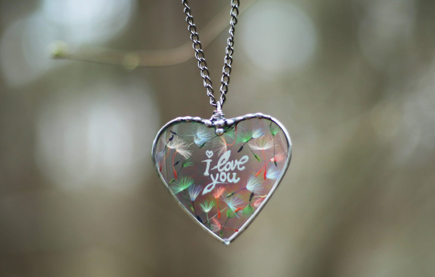 Dandelion Wish necklace, Handmade Heart Necklace