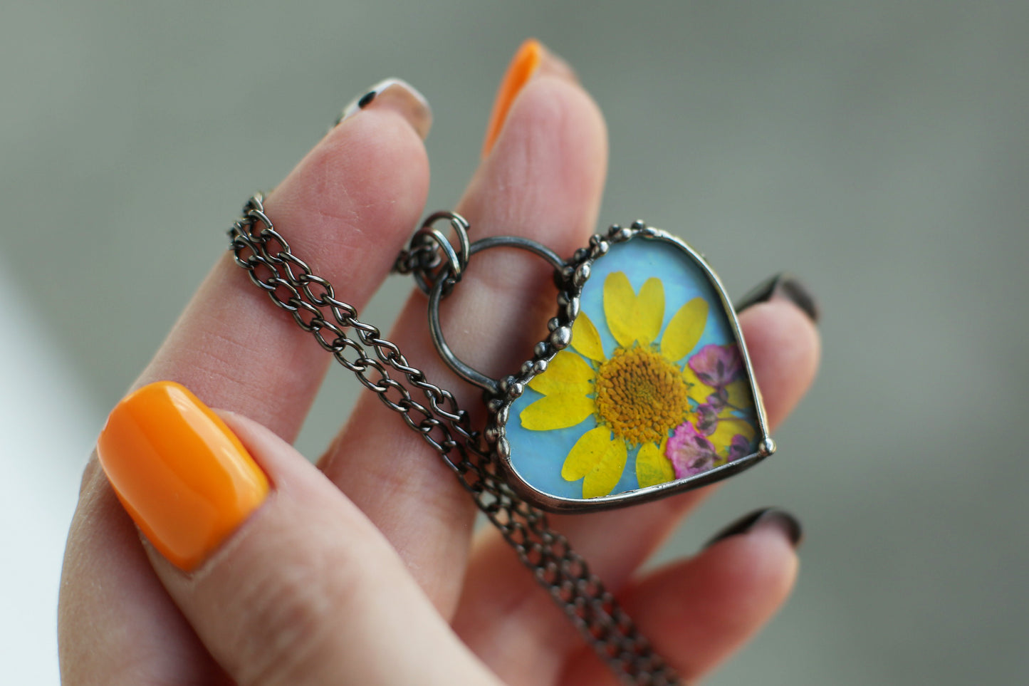 Sunflower necklace, Pressed flower pendant