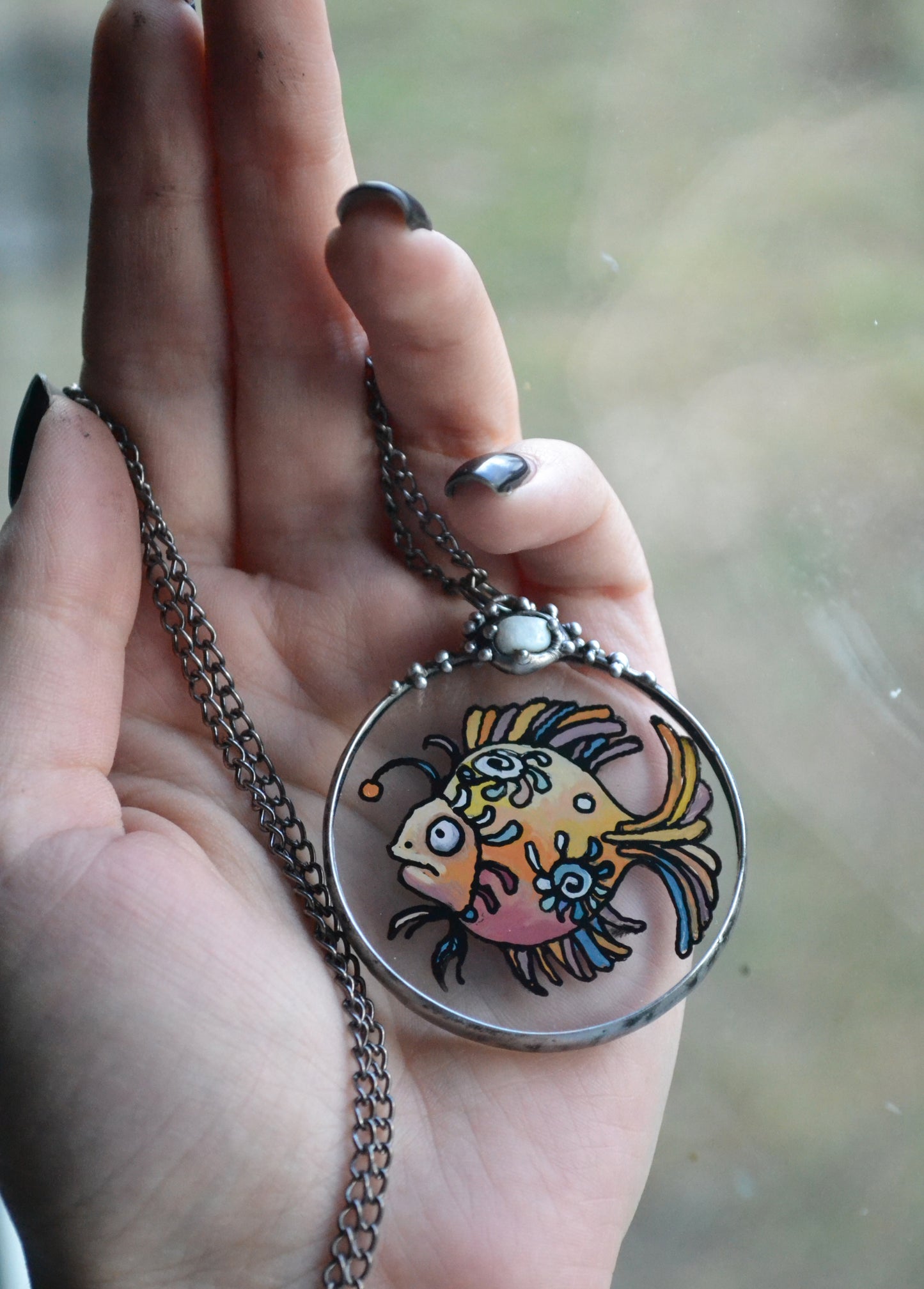 Stained glass necklace, Amulet necklace, Angler fish pendant
