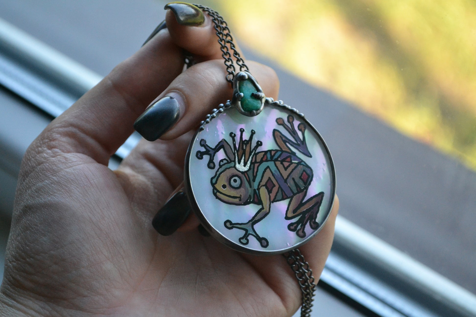 Frog wish necklace with raw amazonite