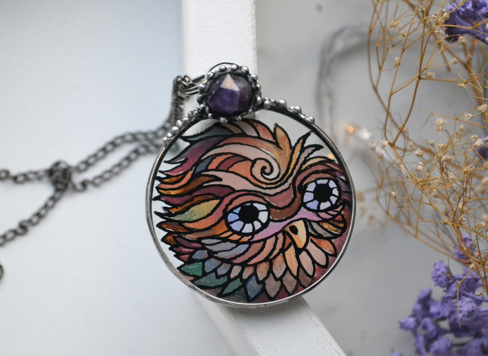 Stained glass bird necklace, Owl pendant