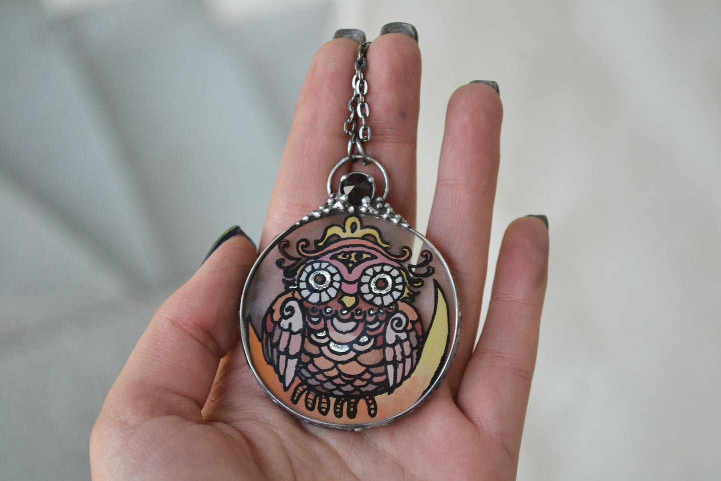Lunar Owl Necklace, Stained glass necklace