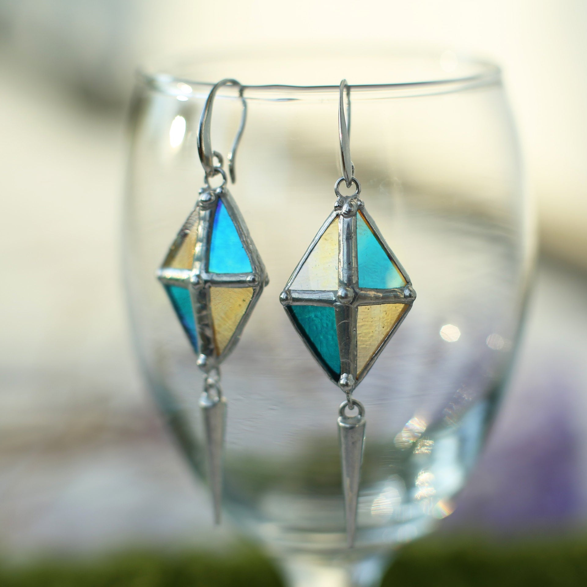 Long Spike Rhombus earrings, Stained glass earrings