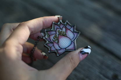 Stained glass lotus flower necklace, Hand painted jewelry