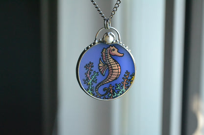 Sea horse round necklace,  Glass pendant with pearl