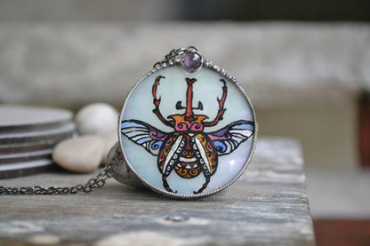 Glass Beetle necklace, Amethyst crystal pendant