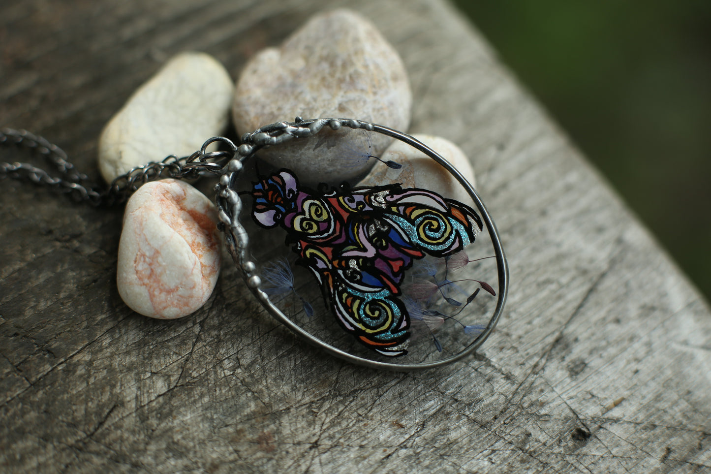 Moth necklace, Rainbow dandelions pendant