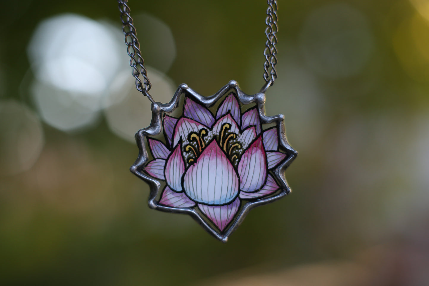 Stained glass lotus flower necklace, Hand painted jewelry