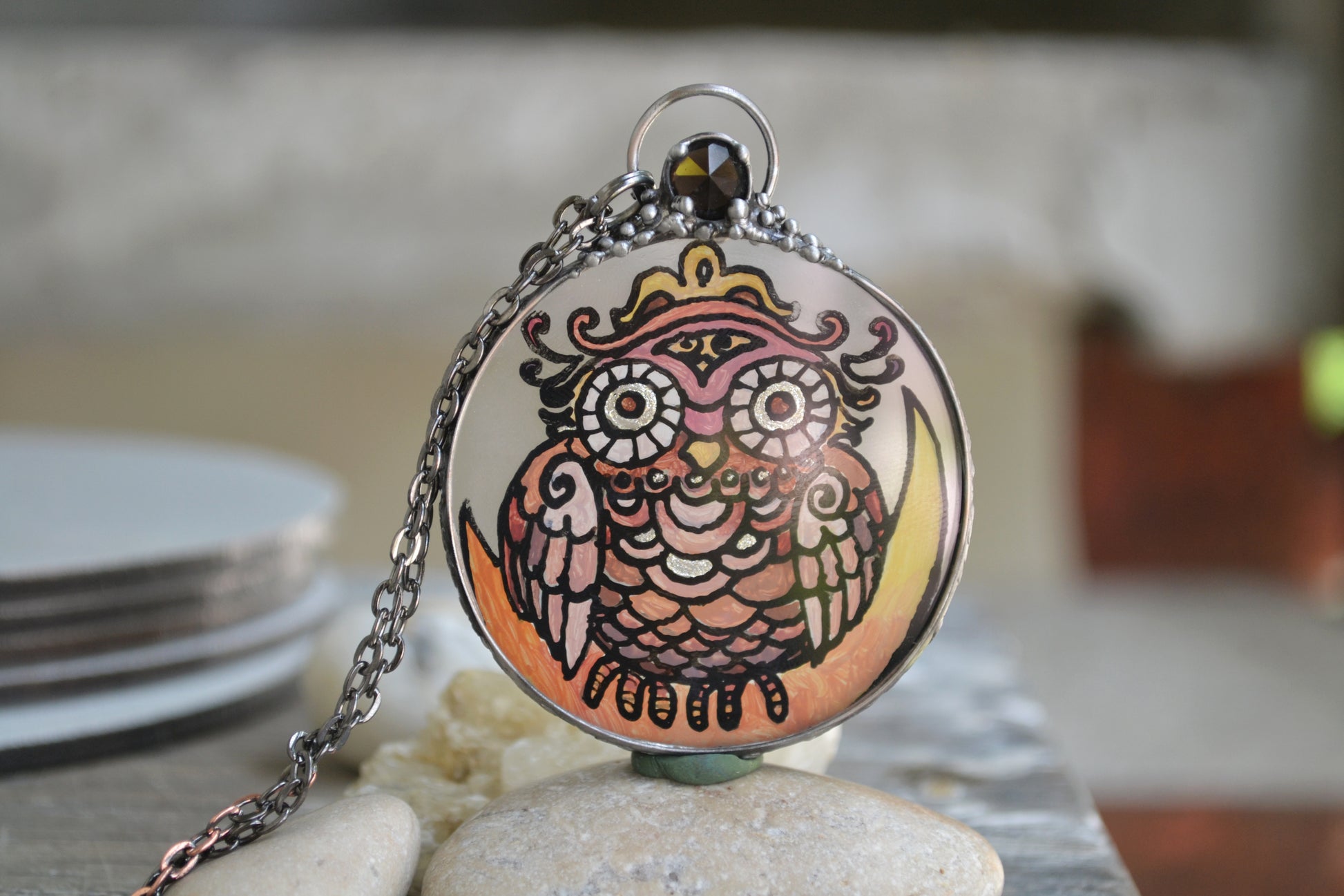Lunar Owl Necklace, Stained glass necklace