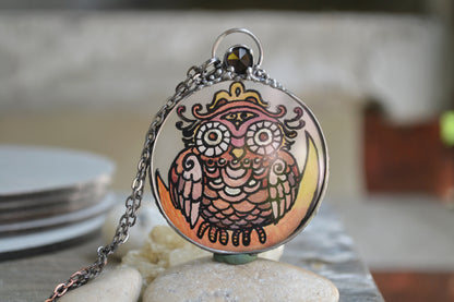 Lunar Owl Necklace, Stained glass necklace