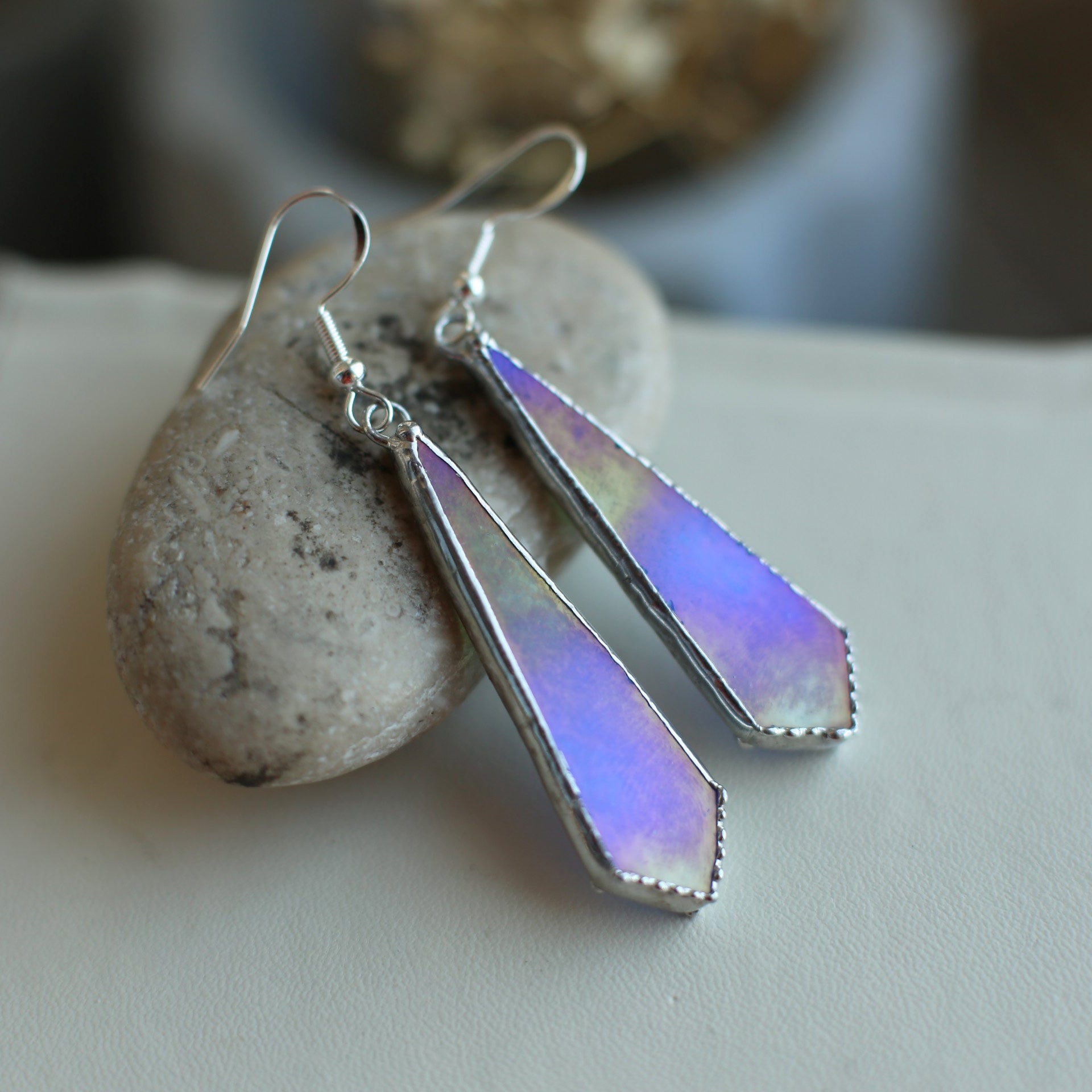 Ocean blue delicate earrings, Iridescent glass earrings