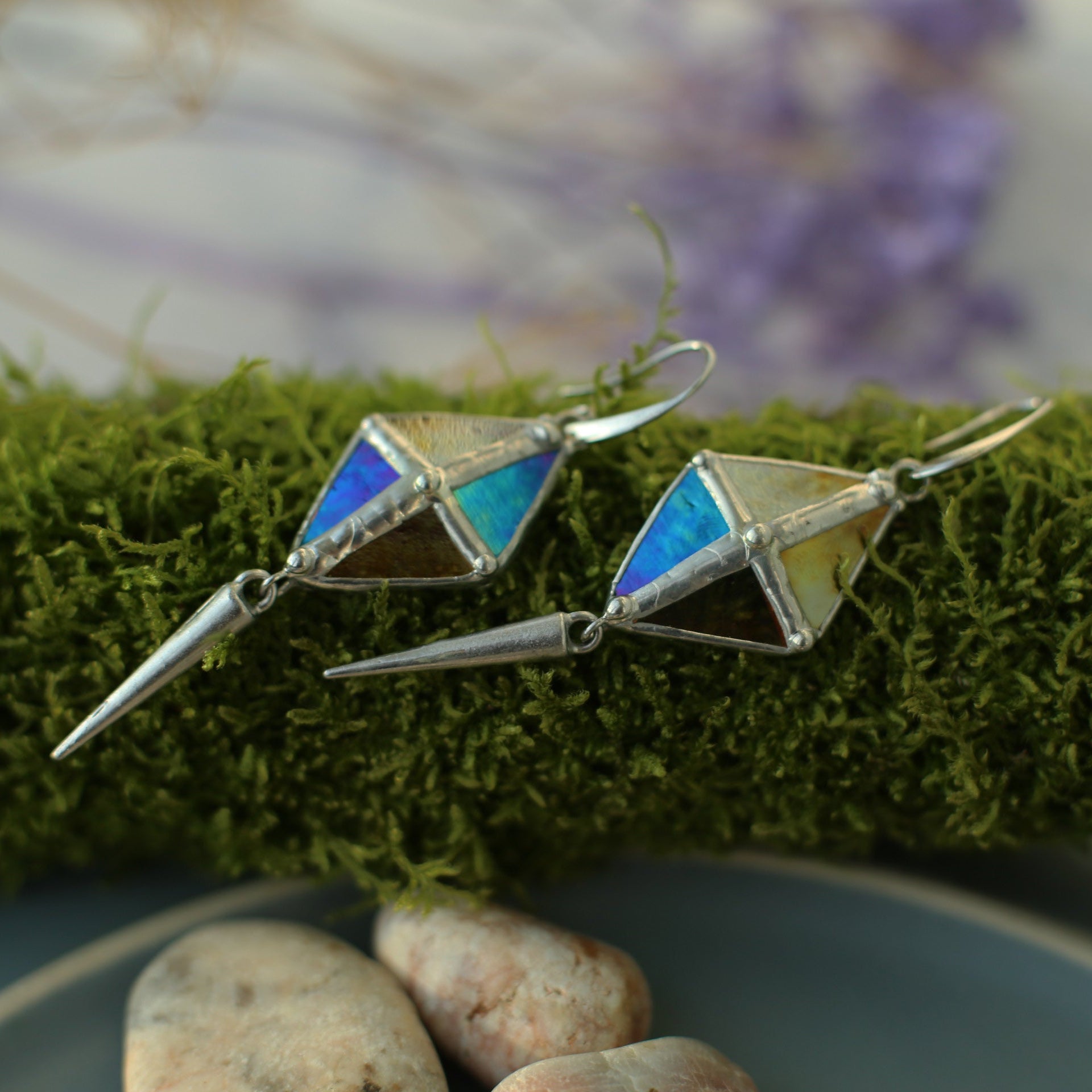 Long Spike Rhombus earrings, Stained glass earrings