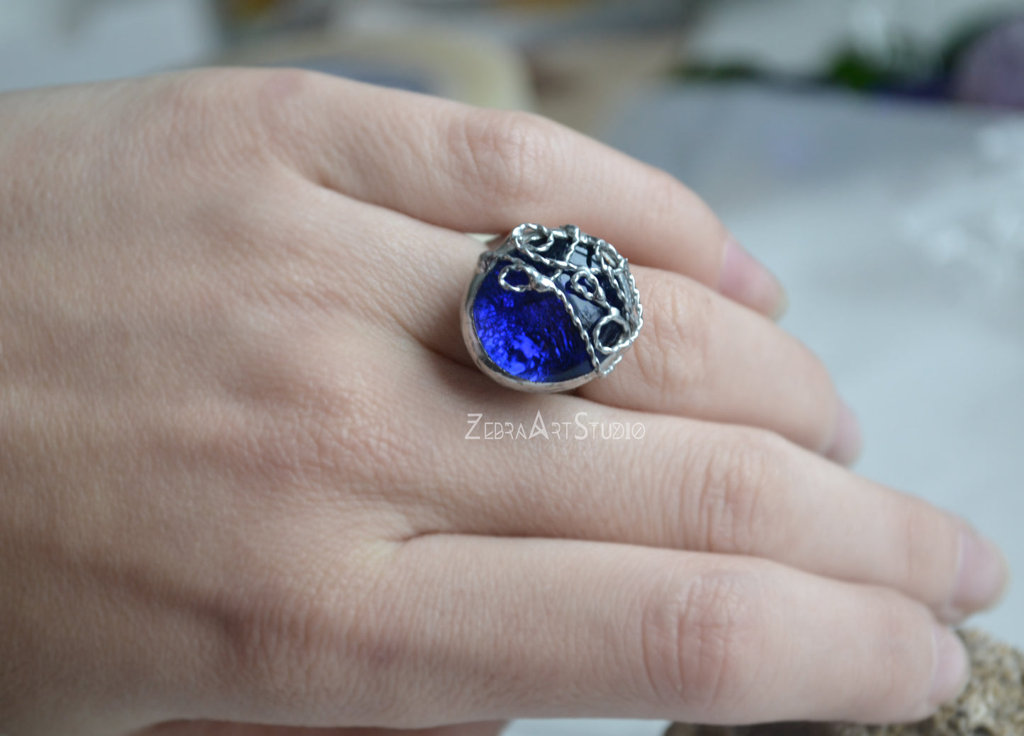 Blue glass jewelry set, Pendant and ring