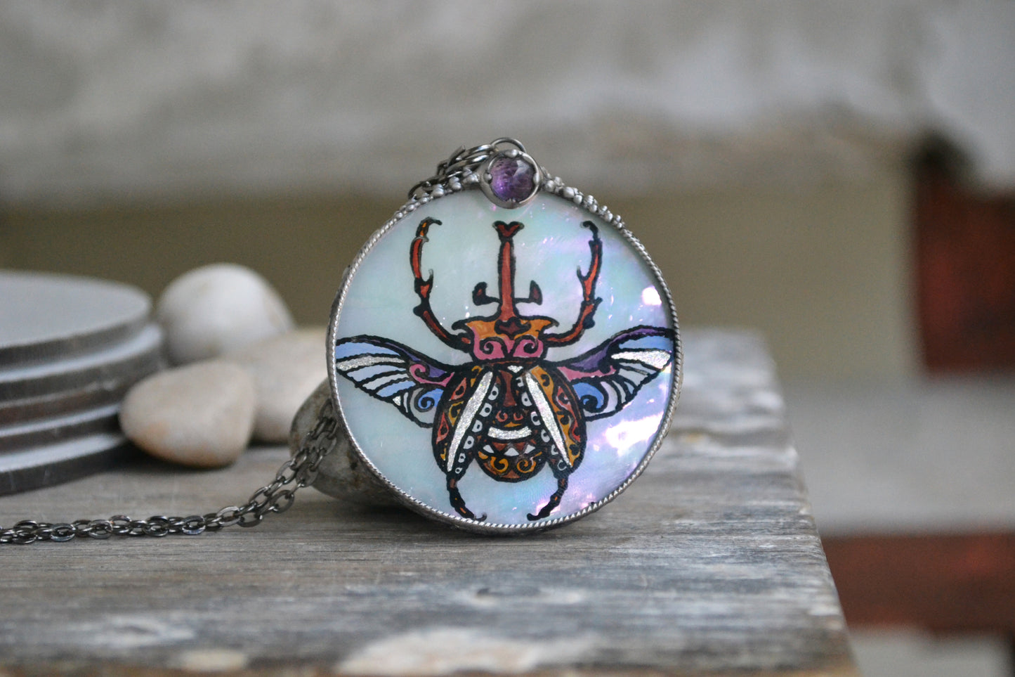 Glass Beetle necklace, Amethyst crystal pendant