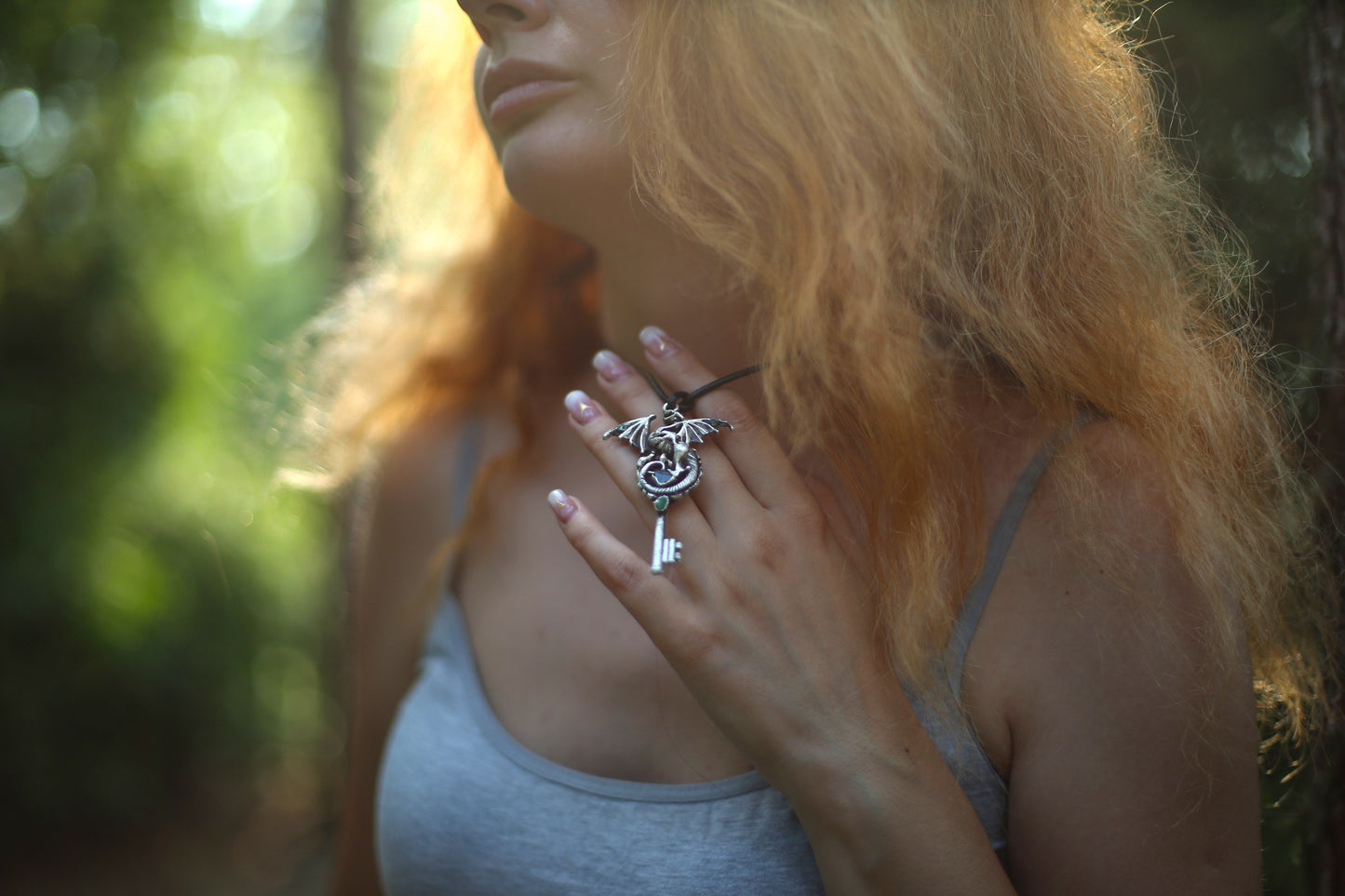 Silver plated dragon necklace, Dragon key pendant