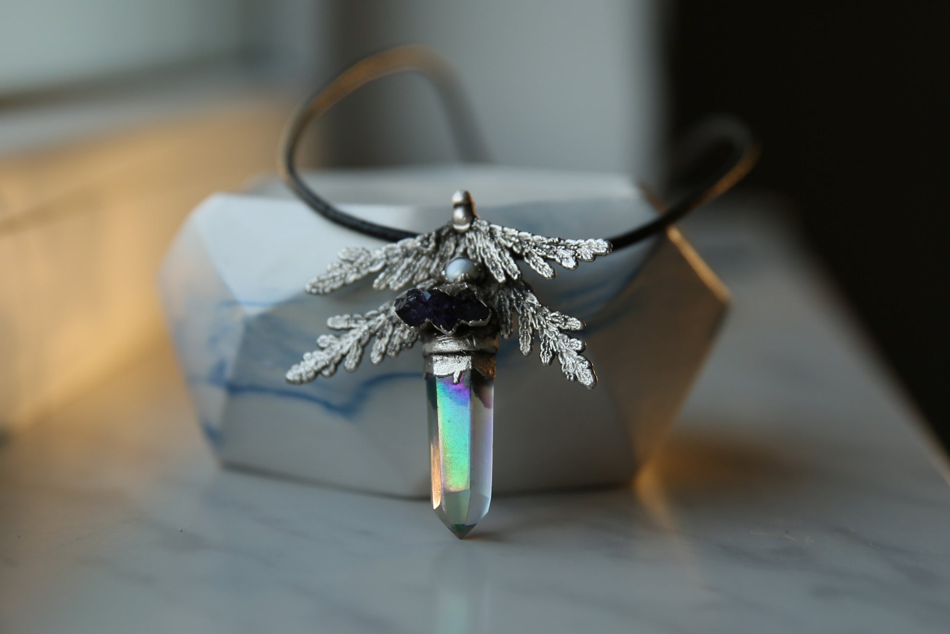 Angel aura silver necklace, 999 fine silver crystal pendant
