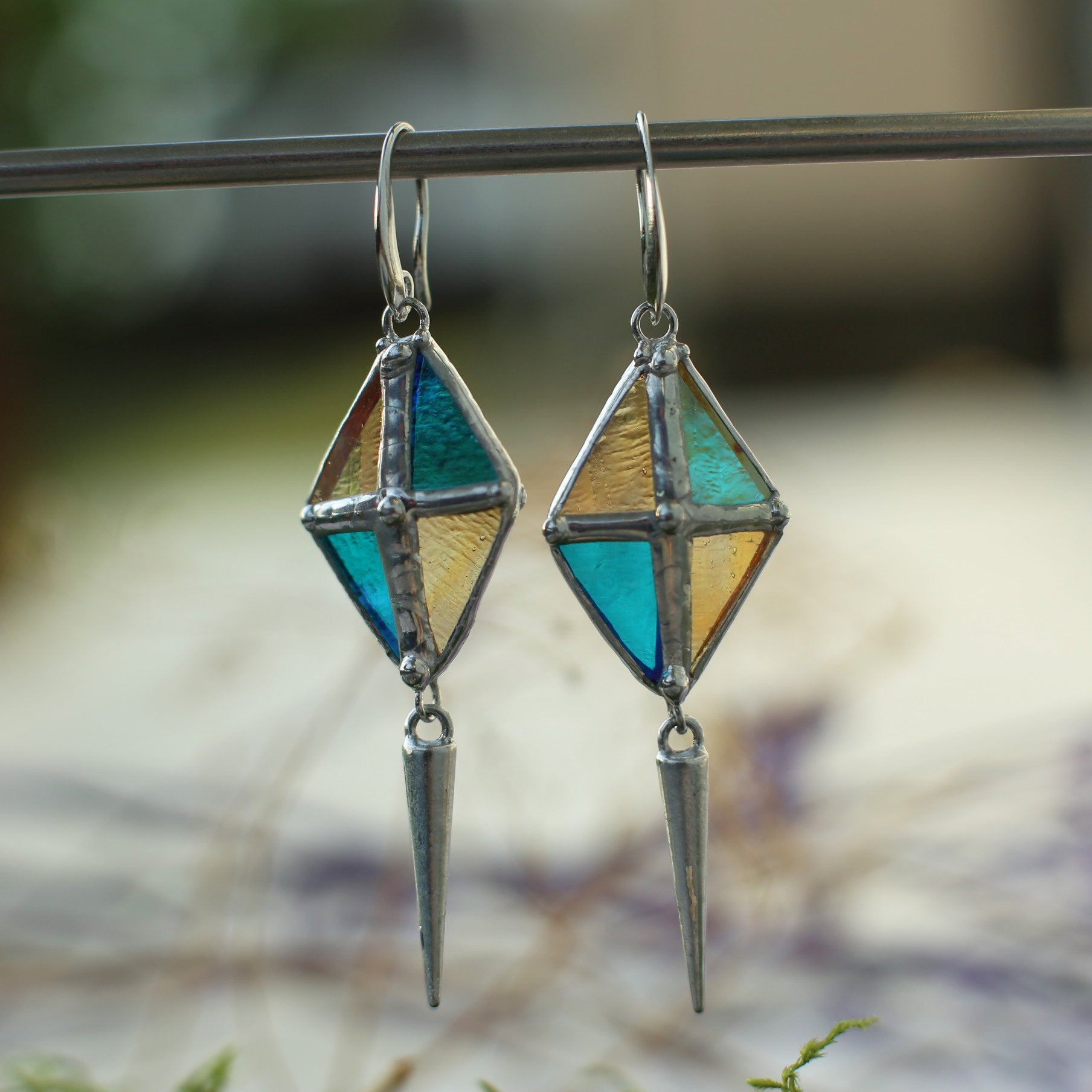 Long Spike Rhombus earrings, Stained glass earrings
