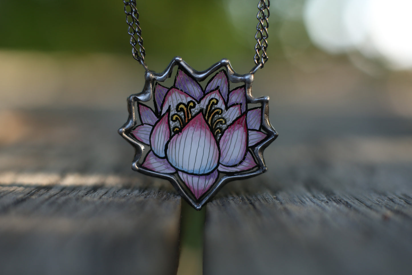 Stained glass lotus flower necklace, Hand painted jewelry