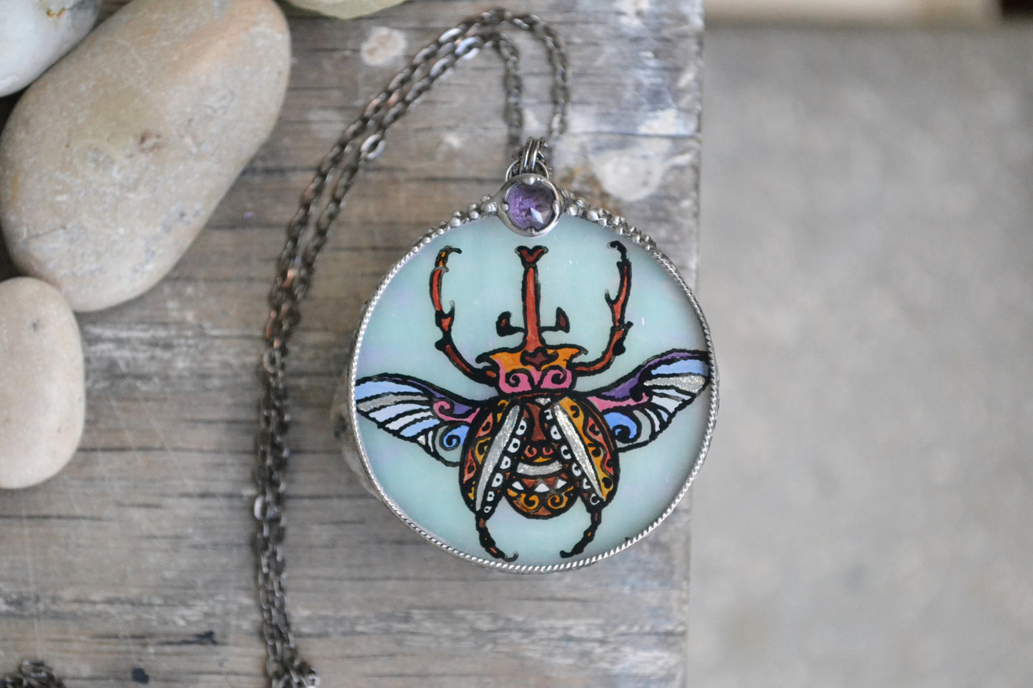 Glass Beetle necklace, Amethyst crystal pendant