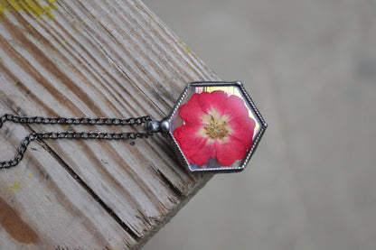 Preserved rose Necklace, Hexagon pendant