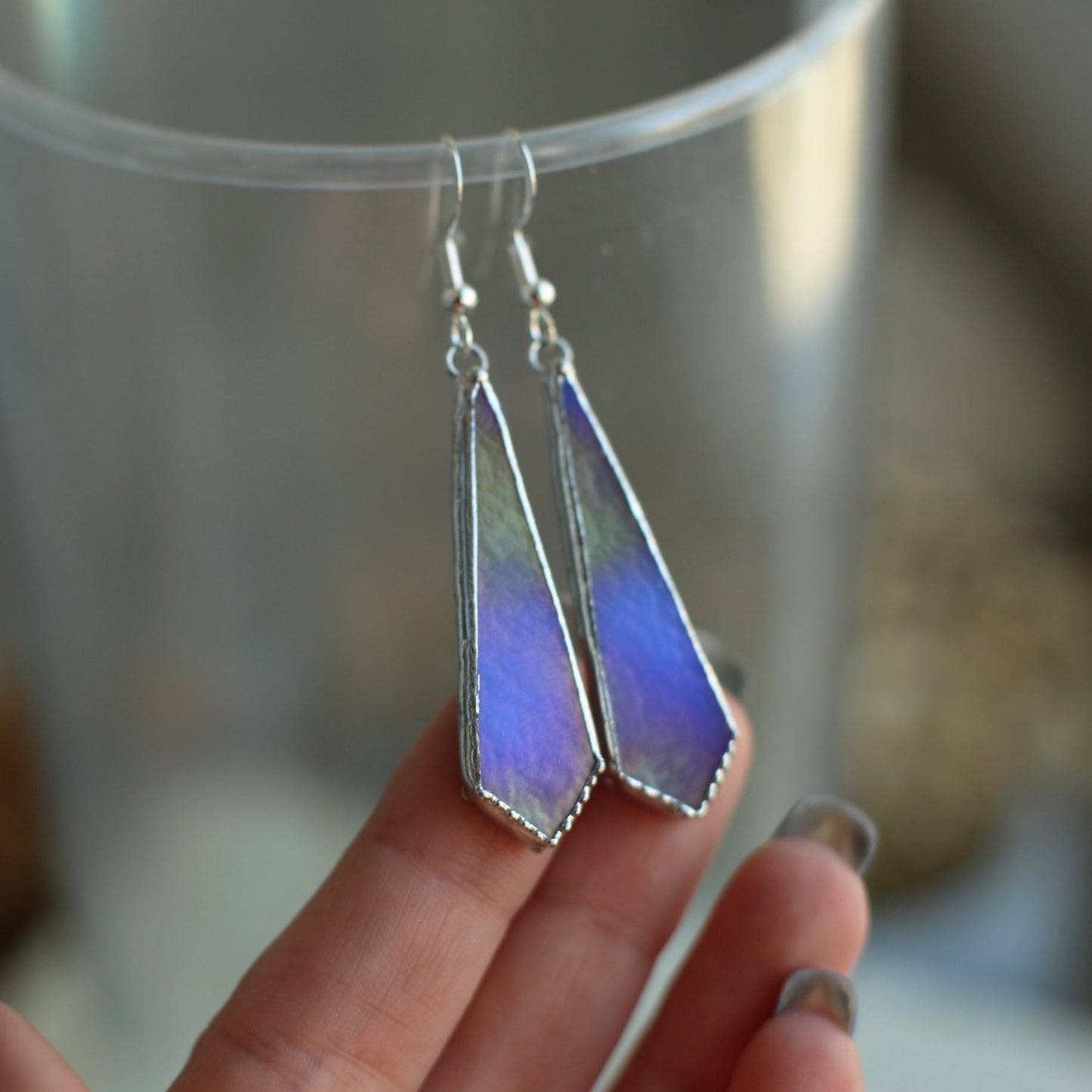 Ocean blue delicate earrings, Iridescent glass earrings