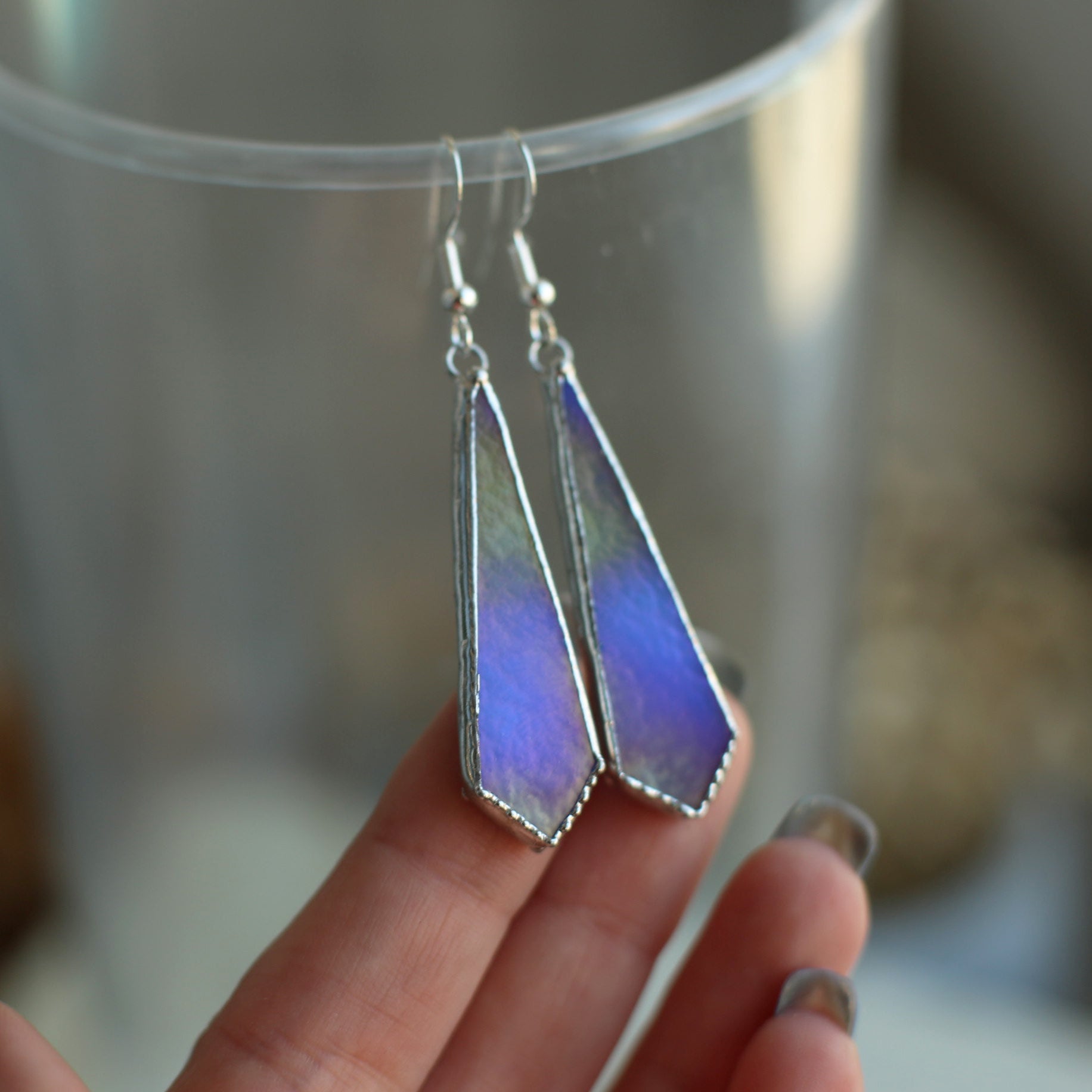 Ocean blue delicate earrings, Iridescent glass earrings