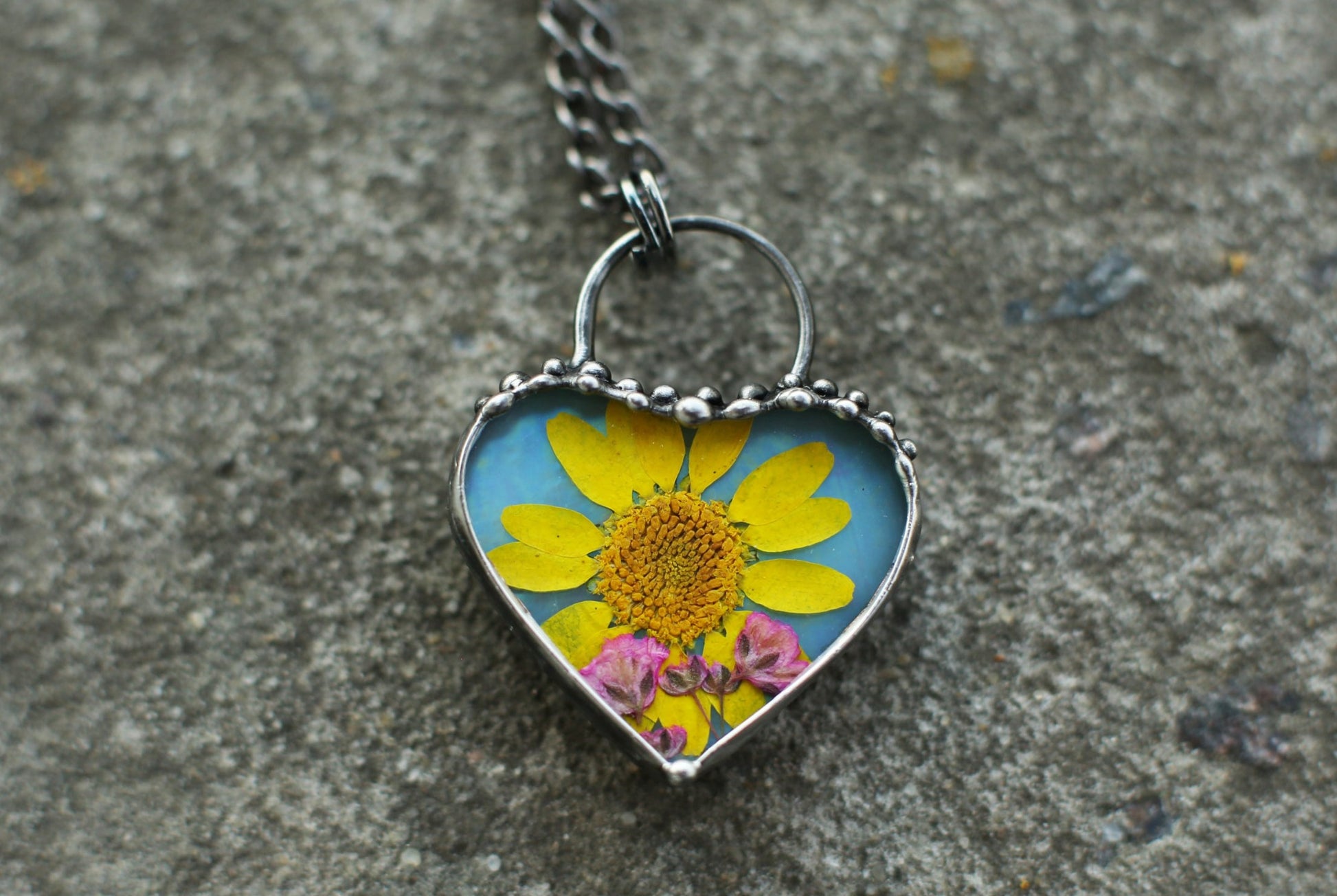 Sunflower necklace, Pressed flower pendant