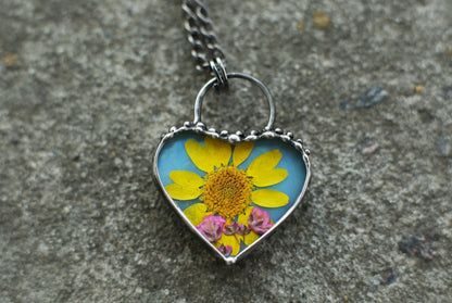 Sunflower necklace, Pressed flower pendant