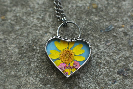 Sunflower necklace, Pressed flower pendant