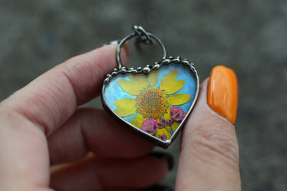 Sunflower necklace, Pressed flower pendant
