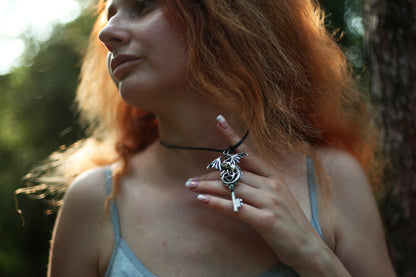 Silver plated dragon necklace, Dragon key pendant