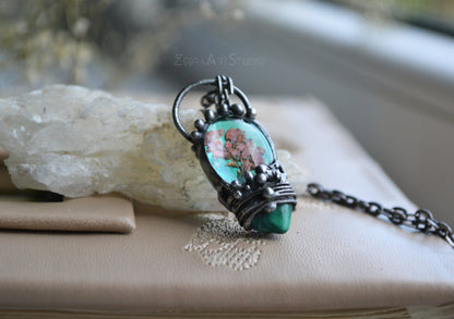 Flower choker necklace, Malachite choker necklace