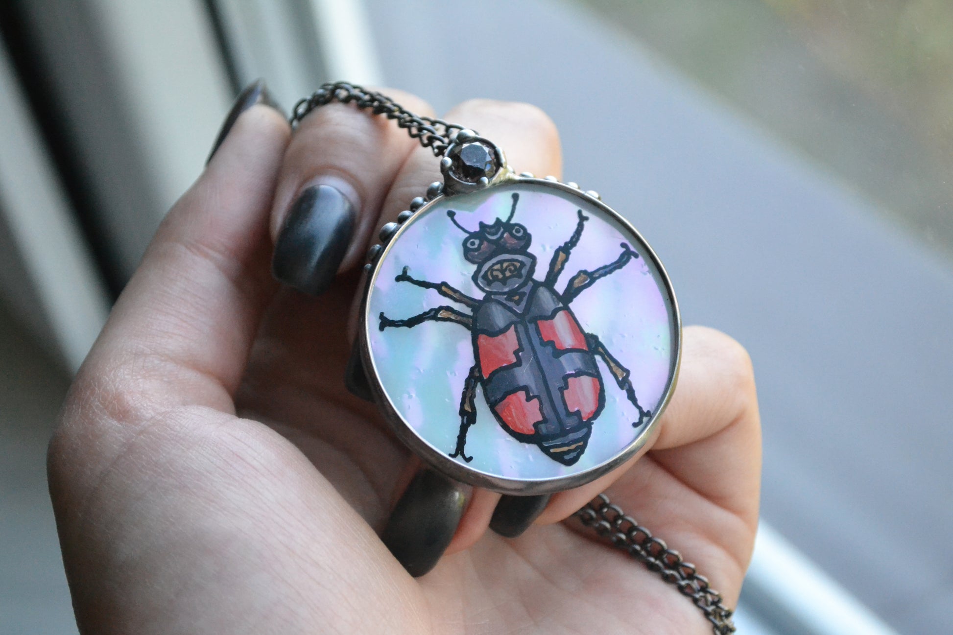 Hand painted glass pendant, Beetle necklace