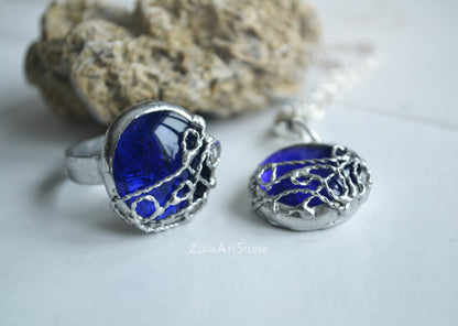 Blue glass jewelry set, Pendant and ring