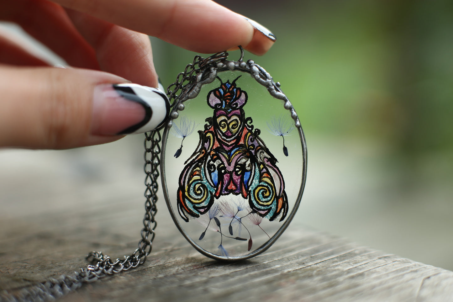 Moth necklace, Rainbow dandelions pendant