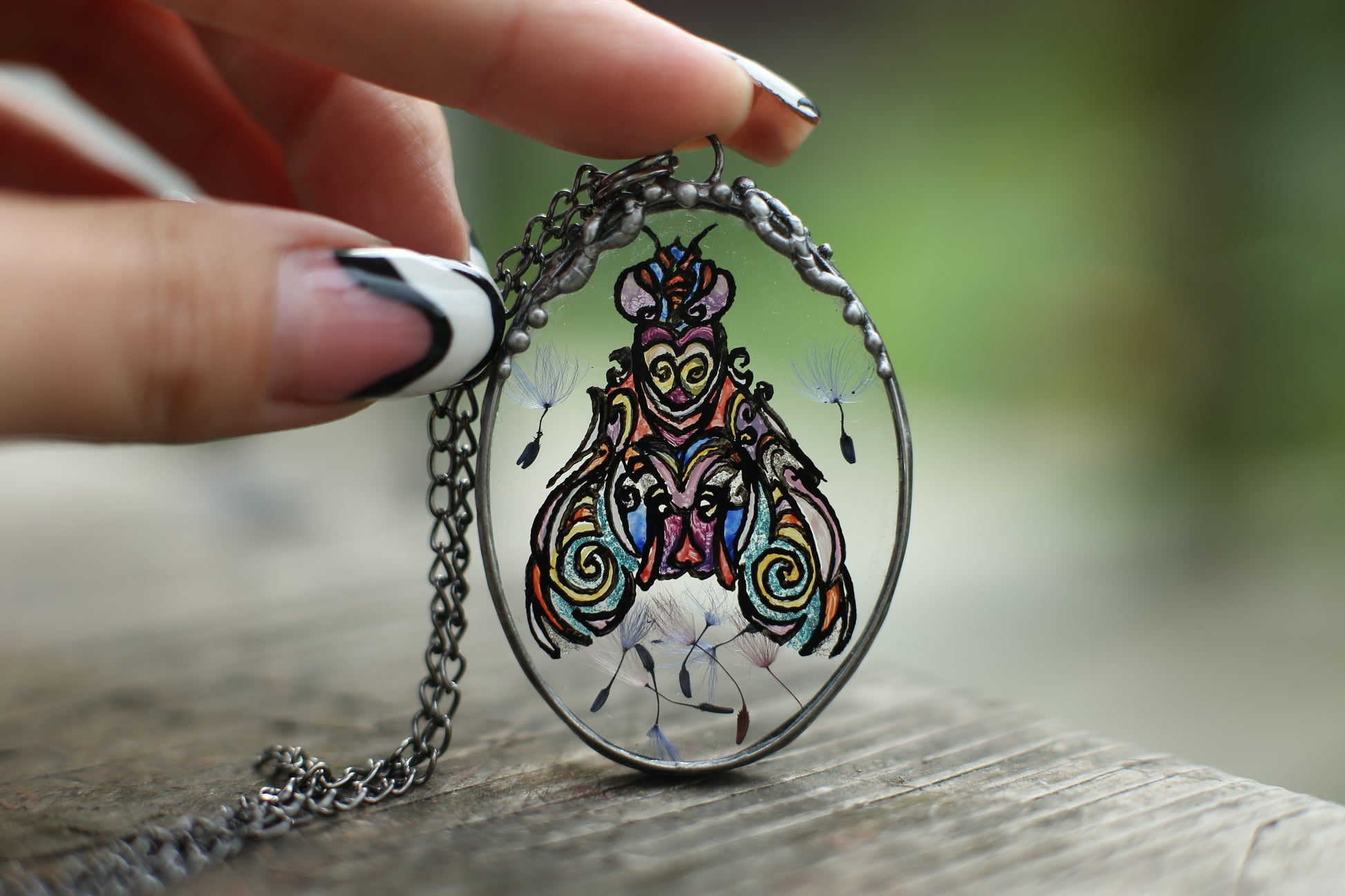 Moth necklace, Rainbow dandelions pendant