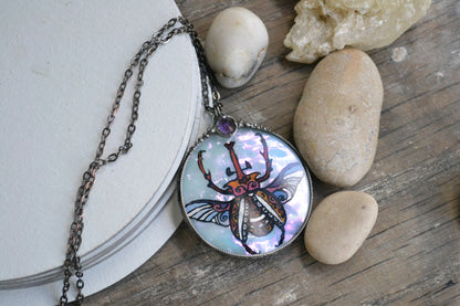 Glass Beetle necklace, Amethyst crystal pendant