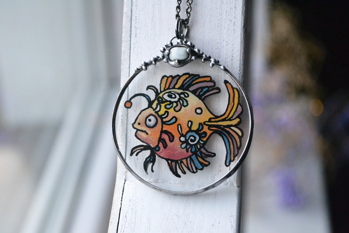 Stained glass necklace, Amulet necklace, Angler fish pendant