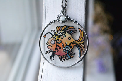 Stained glass necklace, Amulet necklace, Angler fish pendant