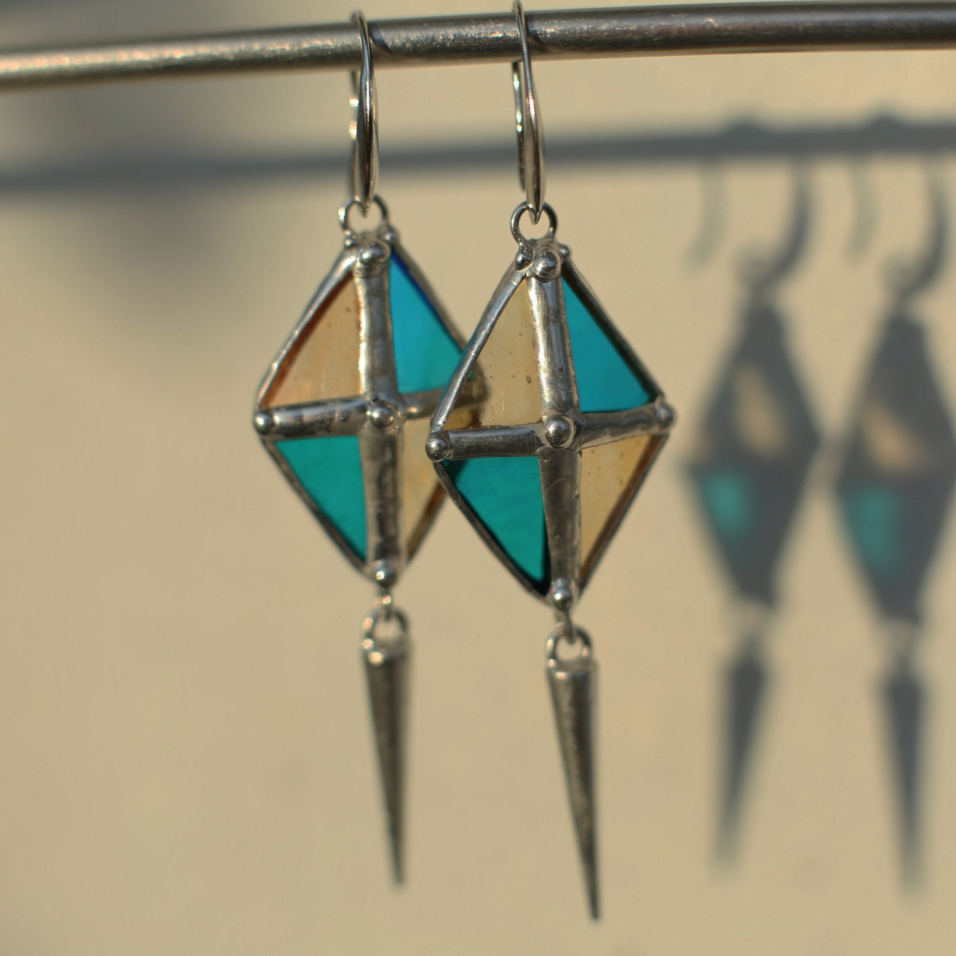 Long Spike Rhombus earrings, Stained glass earrings
