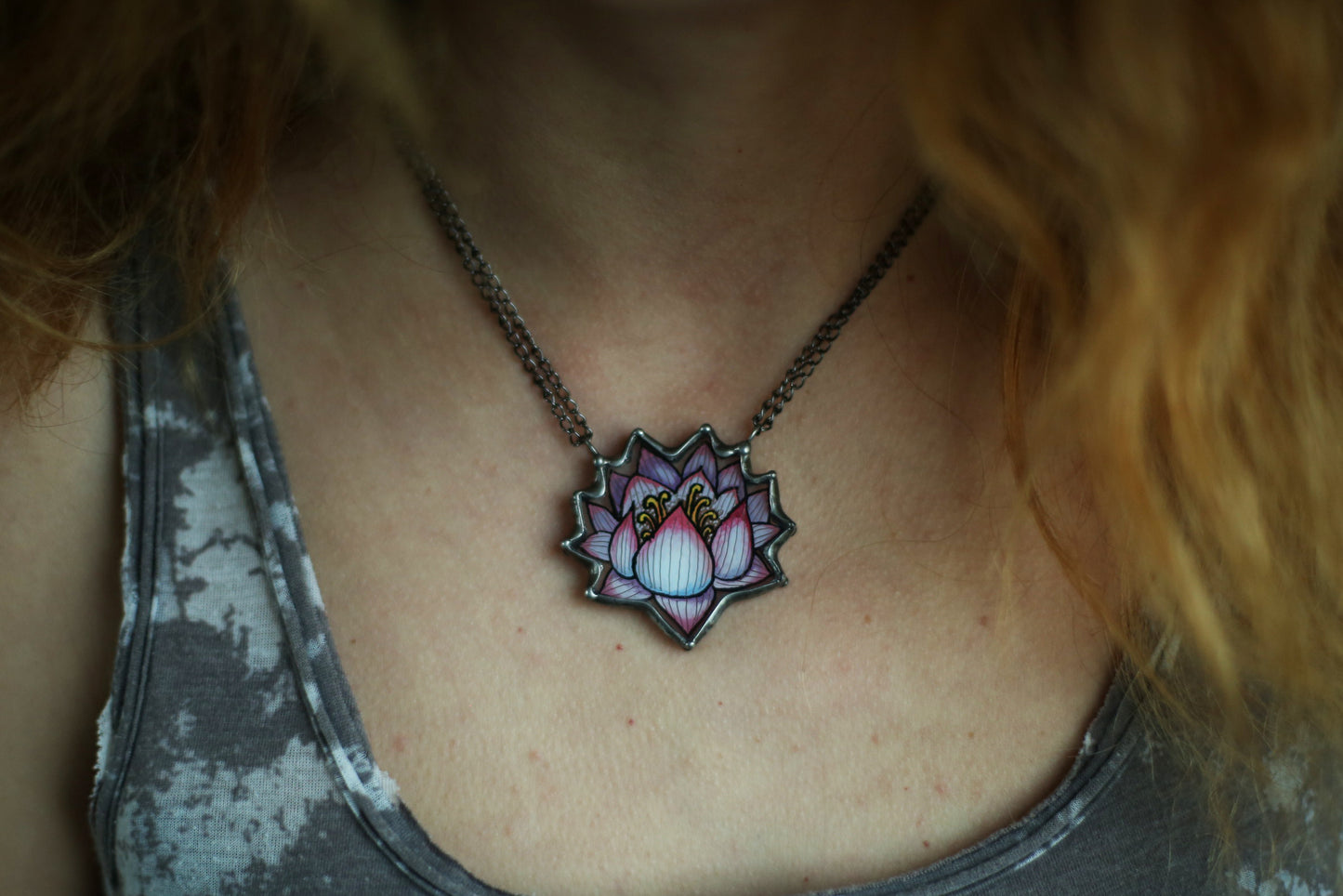 Stained glass lotus flower necklace, Hand painted jewelry