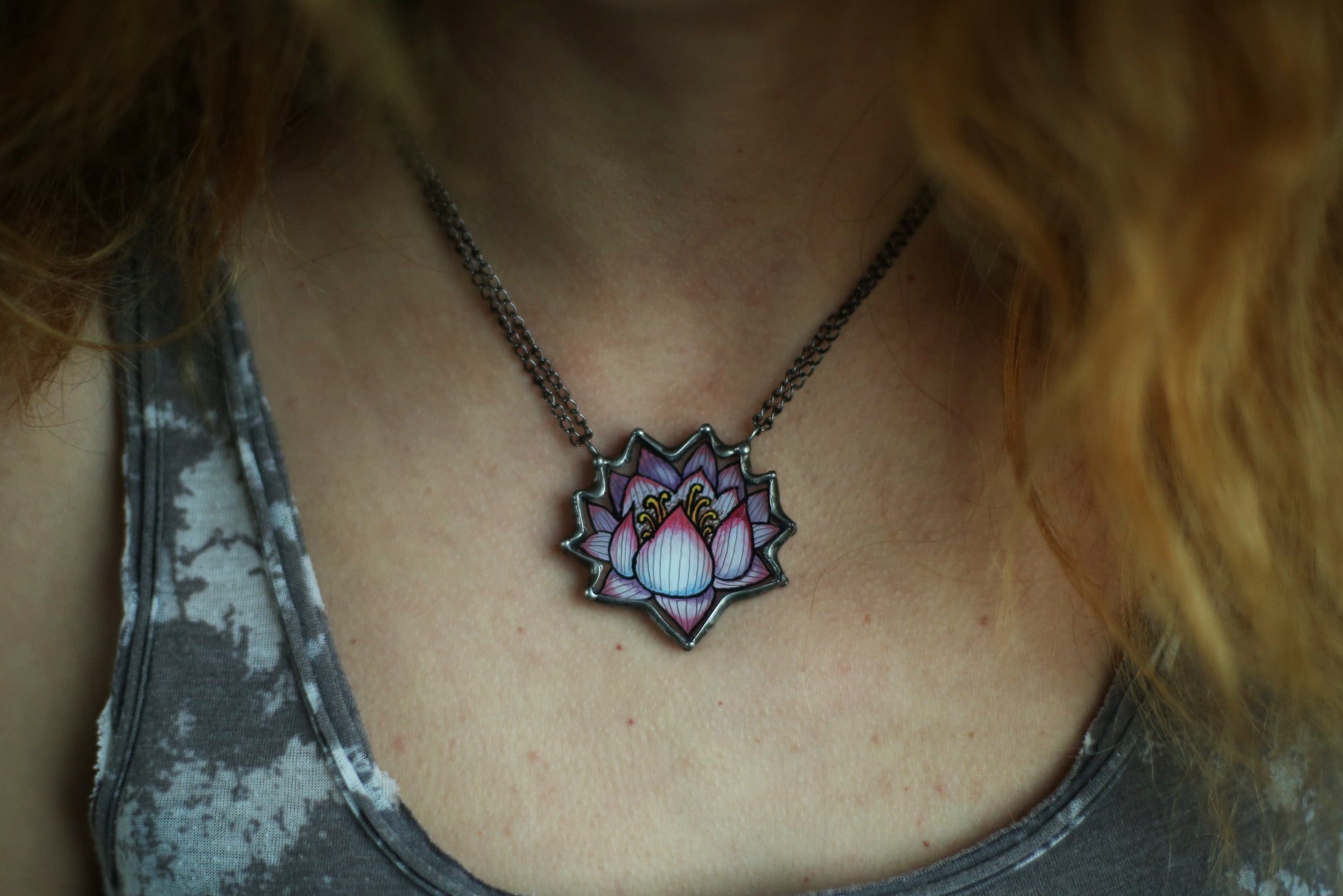 Stained glass lotus flower necklace, Hand painted jewelry