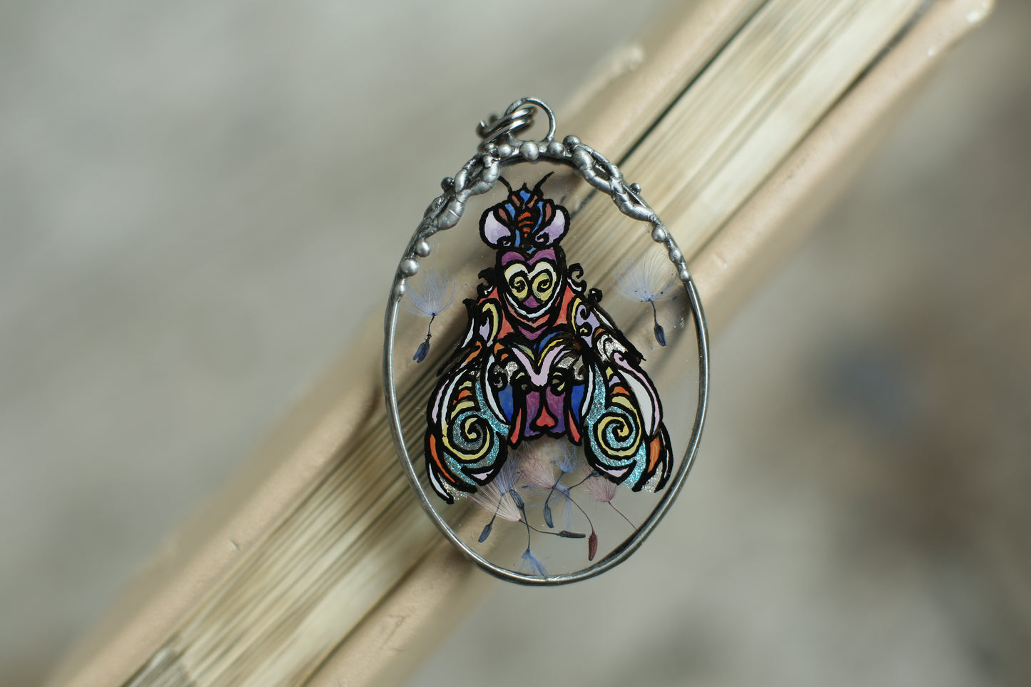 Moth necklace, Rainbow dandelions pendant