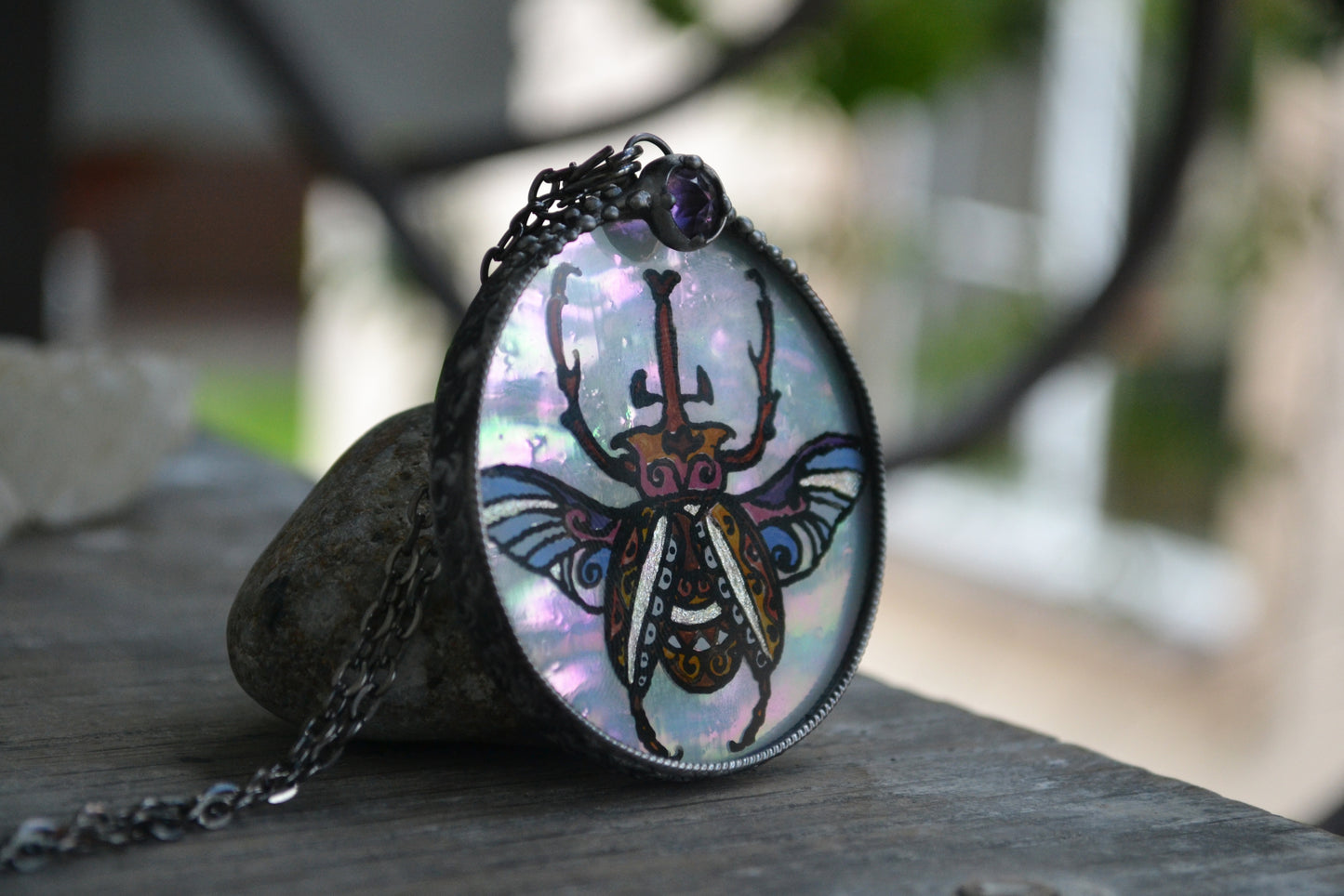 Glass Beetle necklace, Amethyst crystal pendant