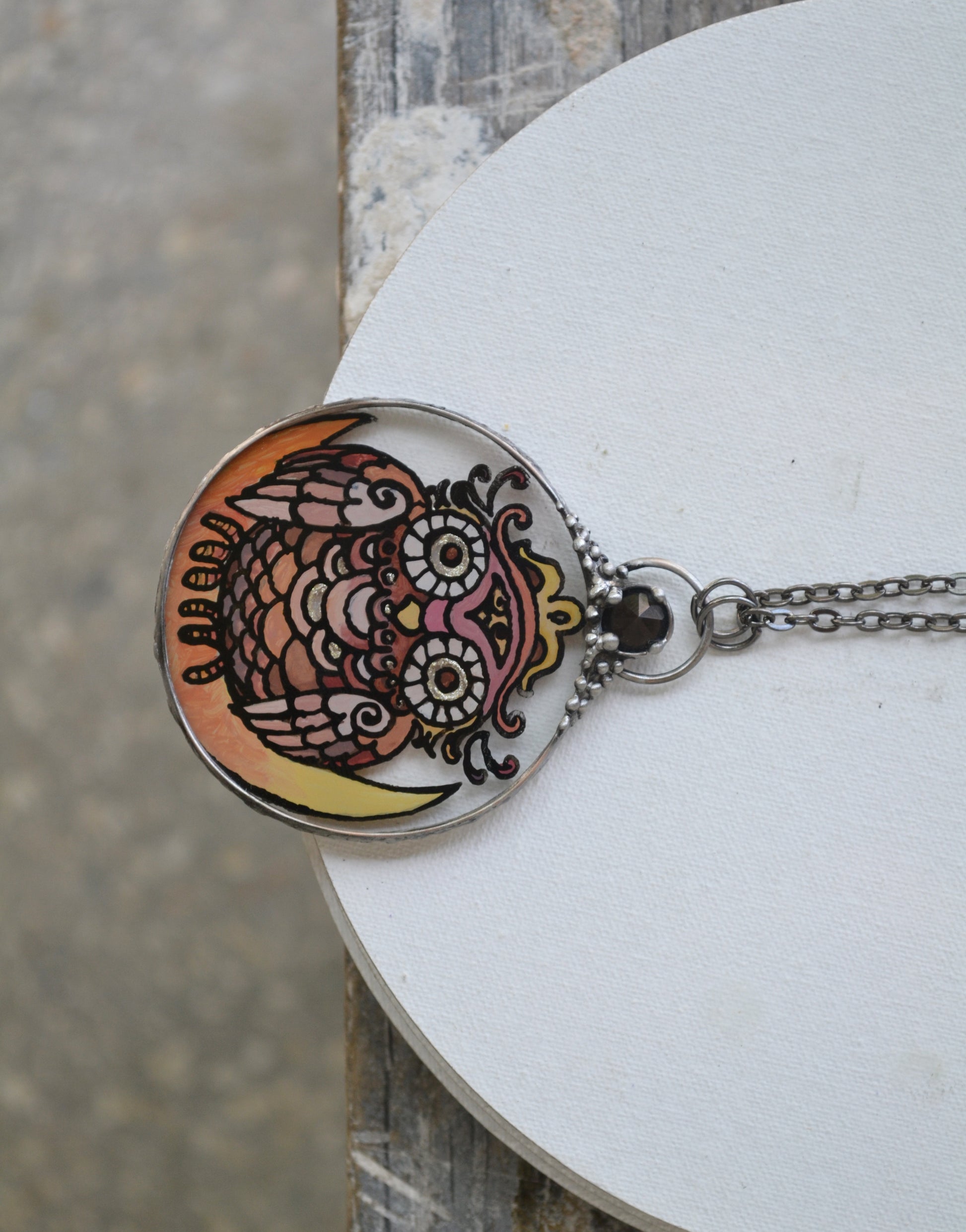 Lunar Owl Necklace, Stained glass necklace
